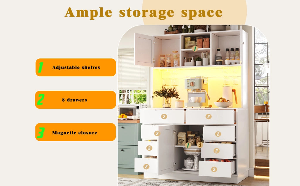 Hochschrank cucina con LED smart, 8 cassetti, ripiani regolabili, 120x40x183,5 cm, bianco
