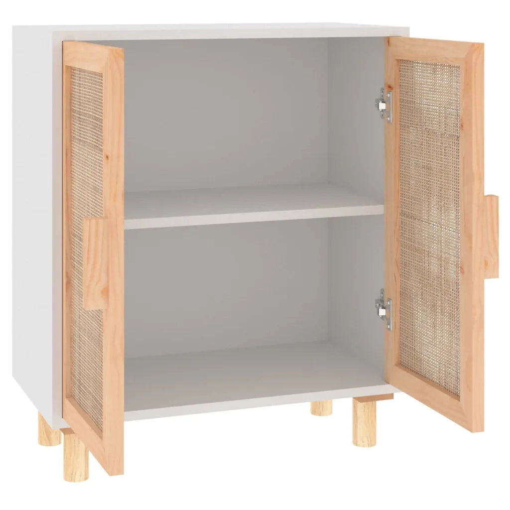 Credenza Bianca 60x30x70 cm Legno Massello Pino Rattan Naturale 345630