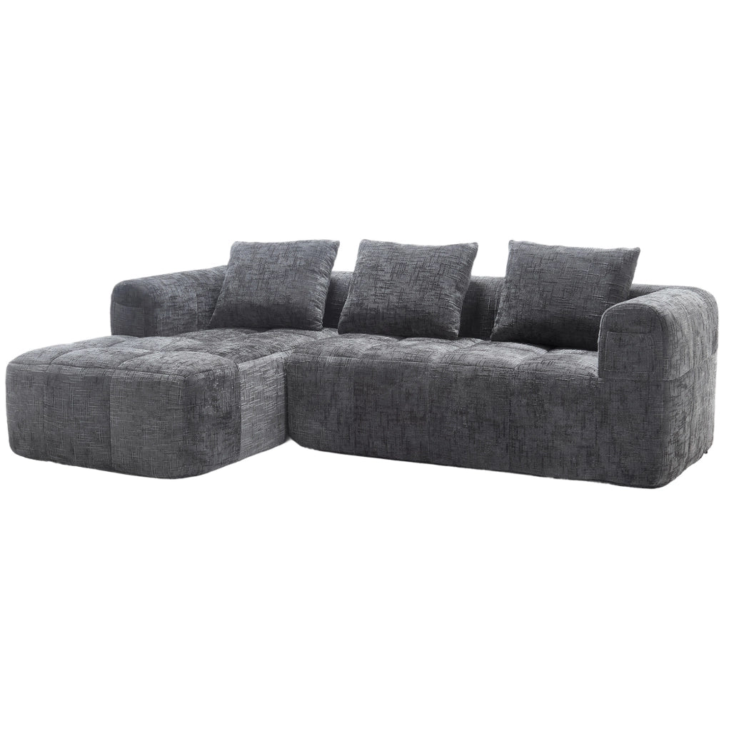 Divano modulare con chaise longue in chenille grigio; 250x158x60 cm; con tasche laterali