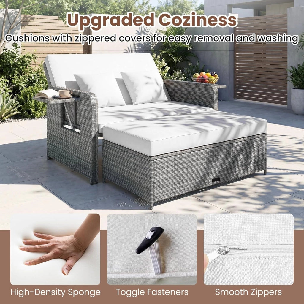 Set Divano da Esterno con Letto da Giorno 2 Pezzi, Divano a Due Posti in Rattan PE con Pouf Contenitore, Schienale Regolabile, Tavolini Laterali Richiudibili e Cuscini Morbidi (Bianco)