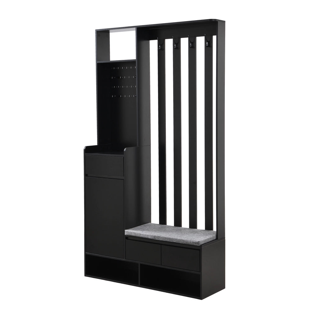 Guardaroba da ingresso multifunzionale con panca imbottita, pannello forato, 4 ganci e vani contenitore, nero, H180 x L100 x P35 cm