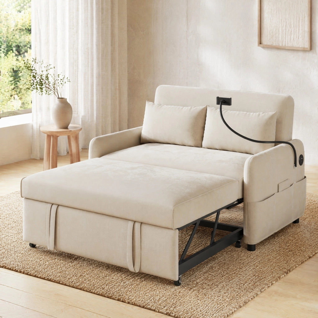 DIVANO LETTO Estraibile 129x163 cm Ciniglia Beige con USB e supporto telefono