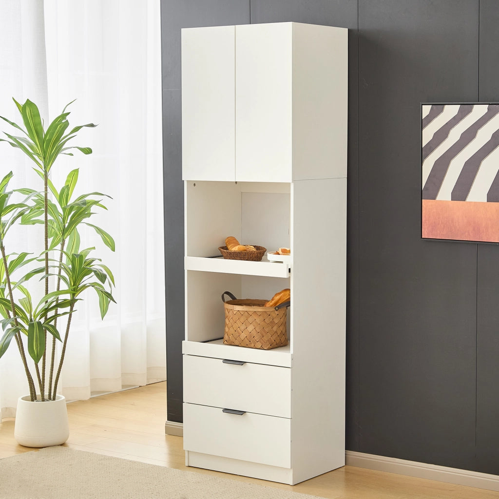Armadio cucina multifunzione bianco con 1 anta, 2 ripiani aperti e 2 cassetti, 59,5 x 45 x 200 cm