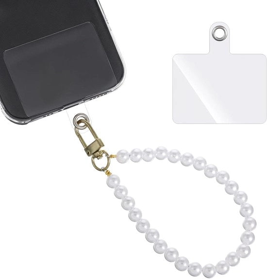Cinturino per telefono corto 12 cm bianco con perle - maniglia per telefono cellulare. 

Cinturino universale per telefono da appendere - cordoncino per telefono cellulare con perle.