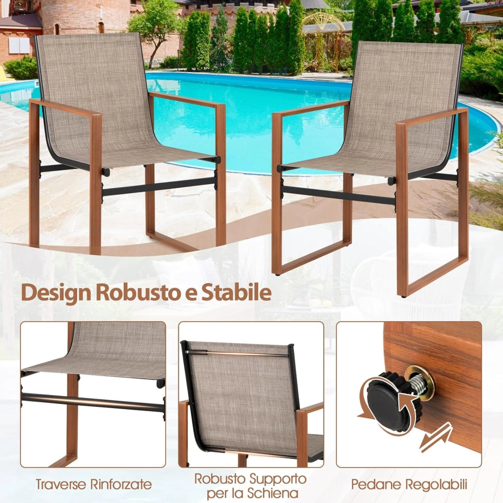 Set di 2 Sedie da Pranzo da Esterno, Sedia da Patio con Seduta e Schienale Traspiranti, Braccioli Larghi, Telaio in Metallo, per Cortile, Veranda, Giardino, Portata 150 kg (Caffè)