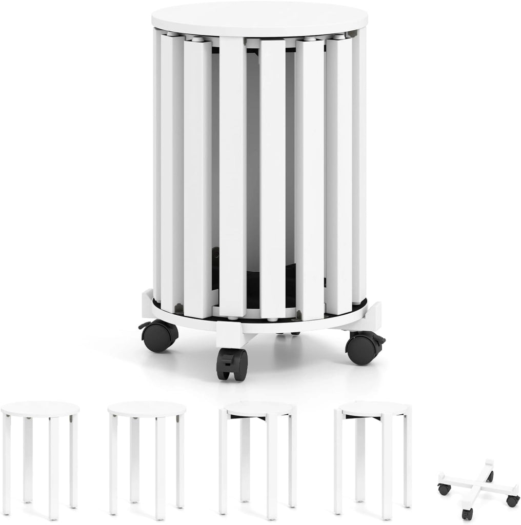 Set di 4 Sgabelli Impilabili 4 in 1, Sgabelli in Legno con Portavaso con Rotelle, 2 Grandi Ø36 cm e 2 Piccoli Ø35 cm, Tavolino Laterale Rotondo per Soggiorno e Camera da Letto (Bianco)