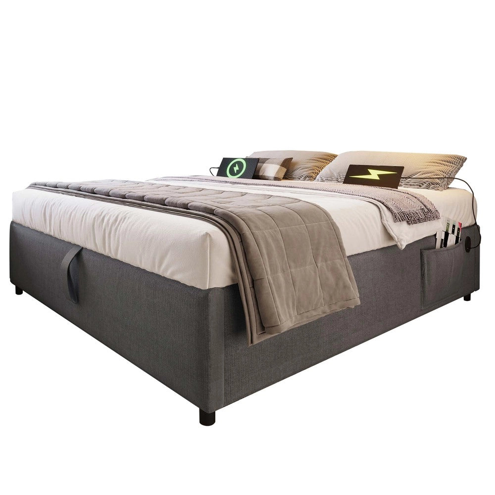 Letto Contenitore Matrimoniale Imbottito 160x200 ¨C Xylo ¨C Grigio, Tessuto, Rete a Doghe, USB