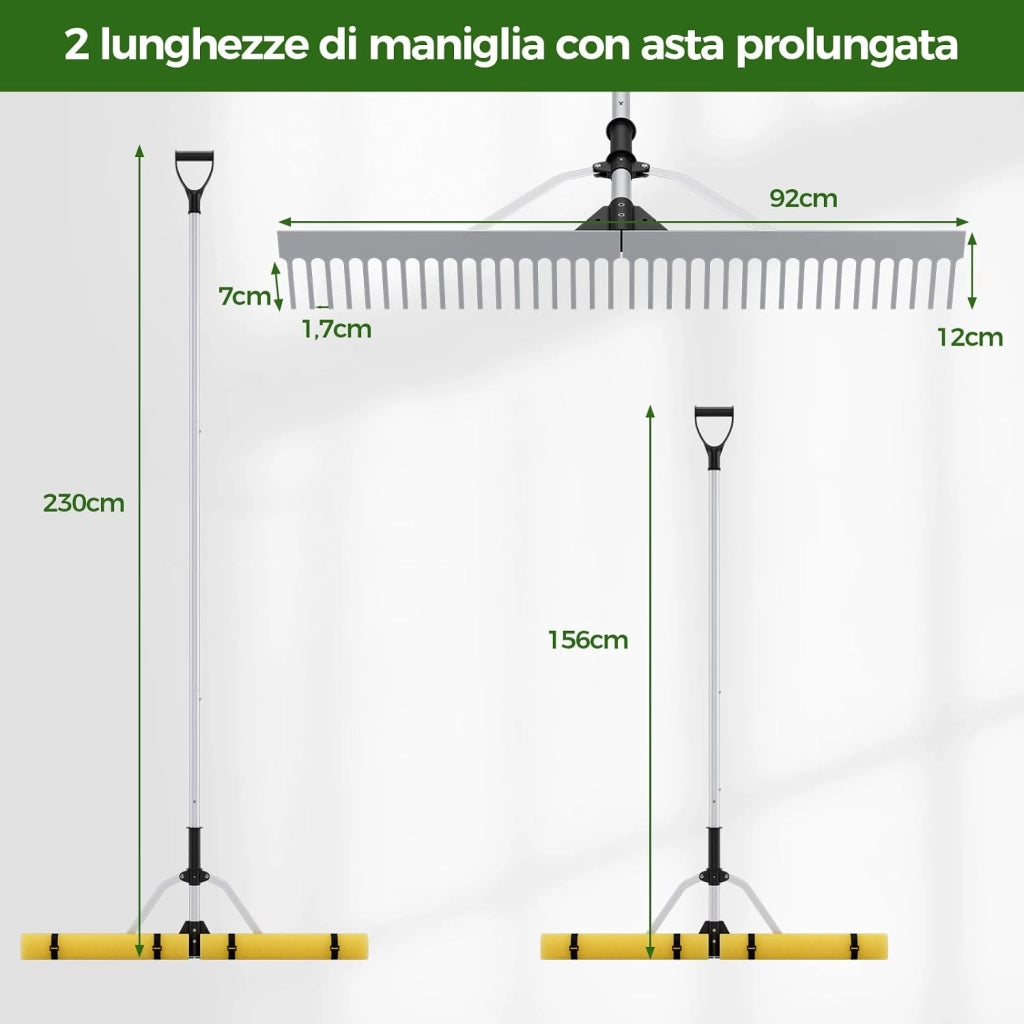 Rastrello da Lago in Alluminio, Rastrello da Giardino 36 Denti con Testa del Rastrello 92 cm, Manico Telescopico Regolabile e 600 cm Corda da Lancio per Ambienti Terra/Acqua, 230 x 92 cm