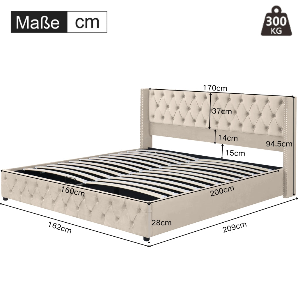 Letti contenitori 160x200 cm; contenitore idraulico; velluto beige (Senza materasso)