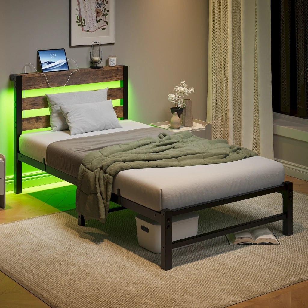 LETTO 90x200 cm con LED RGB e 2 USB in metallo e legno Nero Marrone