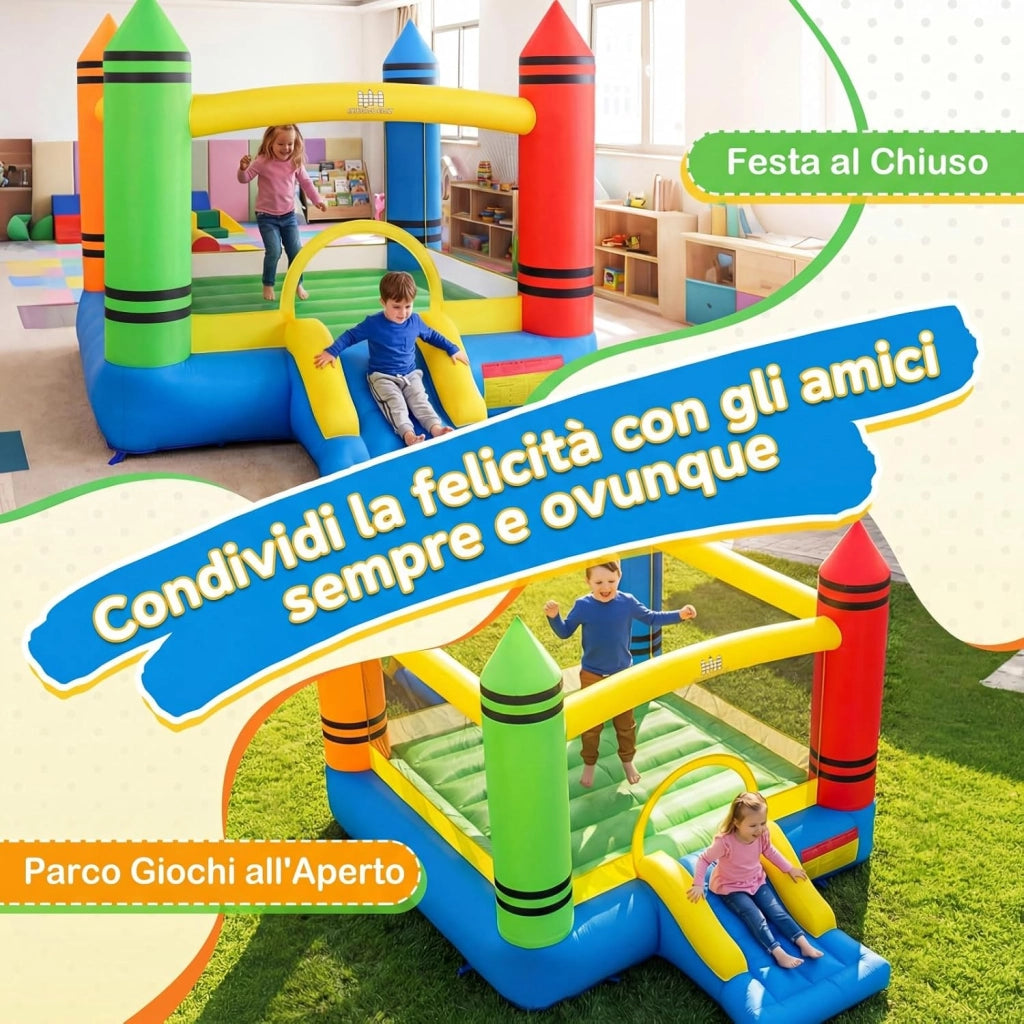 Castello Gonfiabile per Bambini, Casa Gonfiabile con Salto e Scivolo, Borsa di Trasporto e Kit di Riparazione, per 2 Bambini 3-12 Anni, Adatto per Esterno e Interno