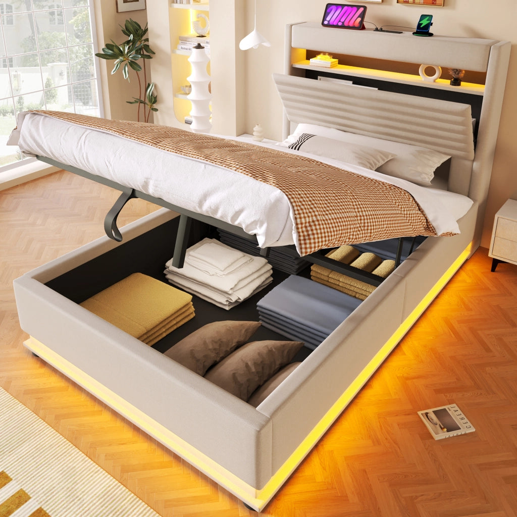 Letto contenitore imbottito 90x200 cm con apertura ribaltabile; LED tramite pulsante e App; USB-C; lino beige