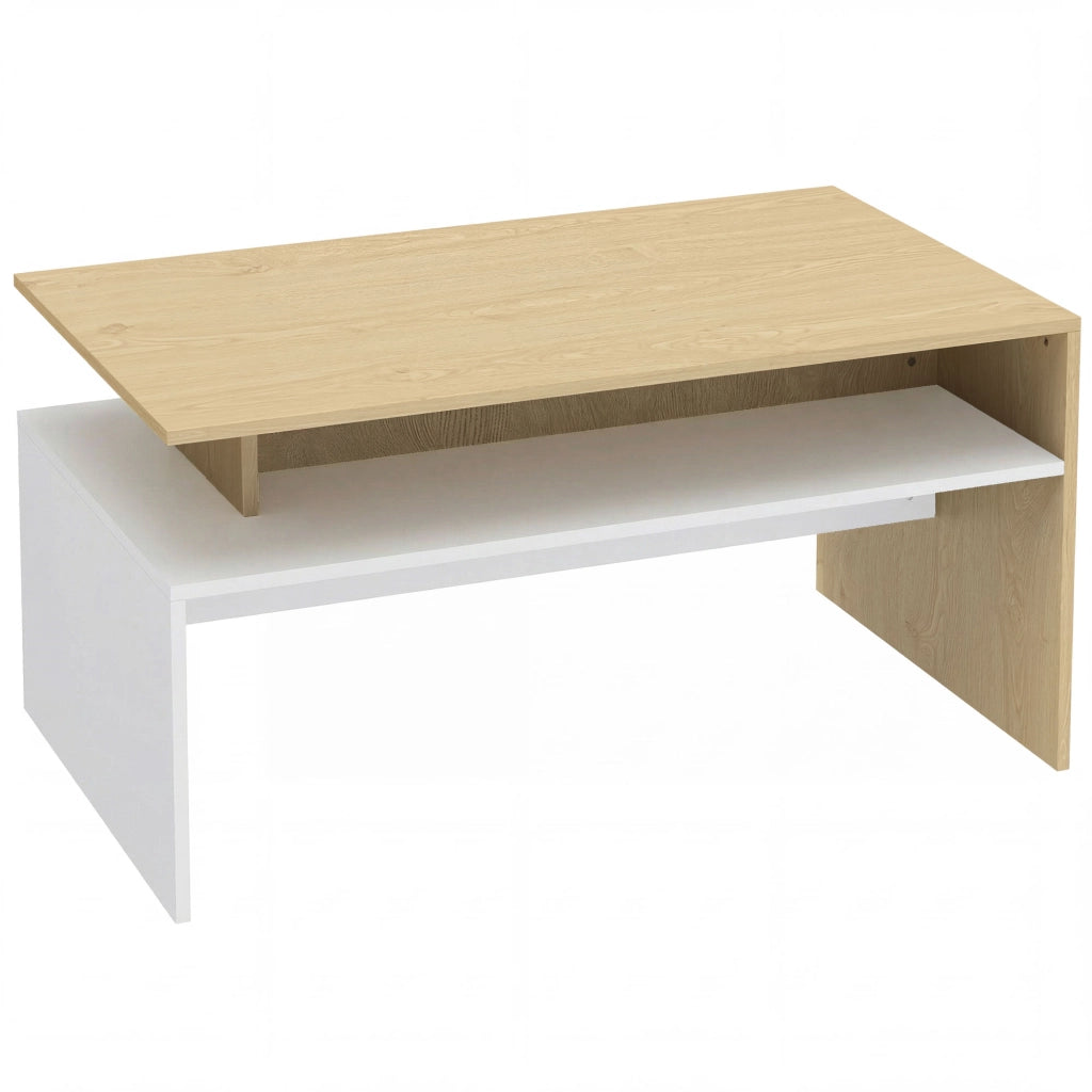 Tavolino da Salotto 95x55x50 cm con Mensola Asimmetrica in MDF Legno Naturale e Bianco