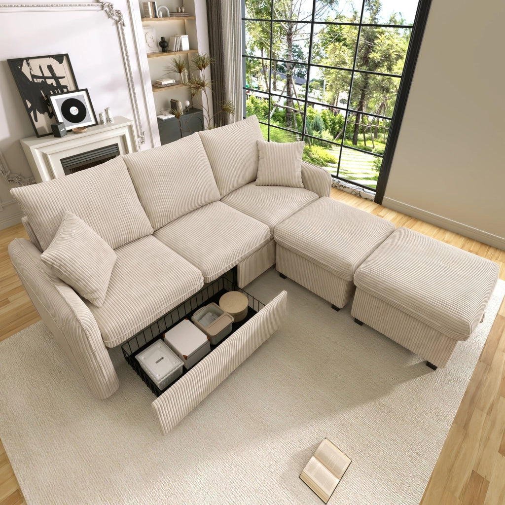 Divano letto modulare 3 posti - con contenitore e 2 pouf portaoggetti - in tessuto a coste beige