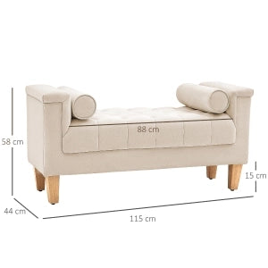 Panca da letto imbottita vintage con braccioli e cuscini, struttura in legno, in poliestere beige
