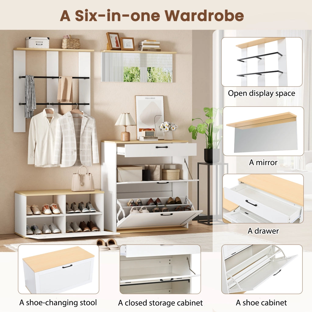 Mobili da ingresso modulari con scarpiera a ribalta, cassetto, specchio e appendiabiti per ingresso 156 × 36 × 176 cm