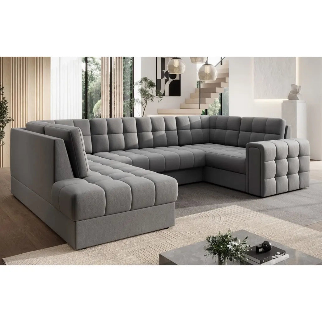 Divano angolare convertibile MONTEZA grigio sinistro 299 cm con contenitore e letto