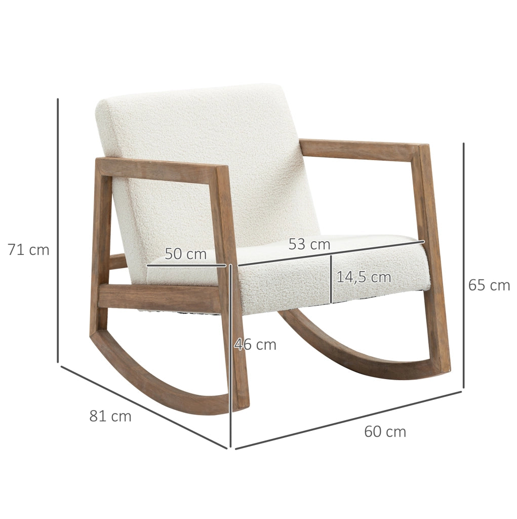 Poltrona a dondolo 60x81x71 cm con cuscino imbottito in legno di gomma e poliestere bianco crema