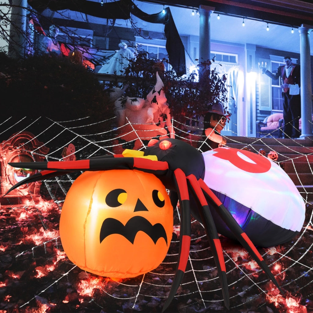 Ragno gonfiabile con zucca da 150x140cm, Decorazione di halloween illuminata con led e luce rotante colorata-Halloween