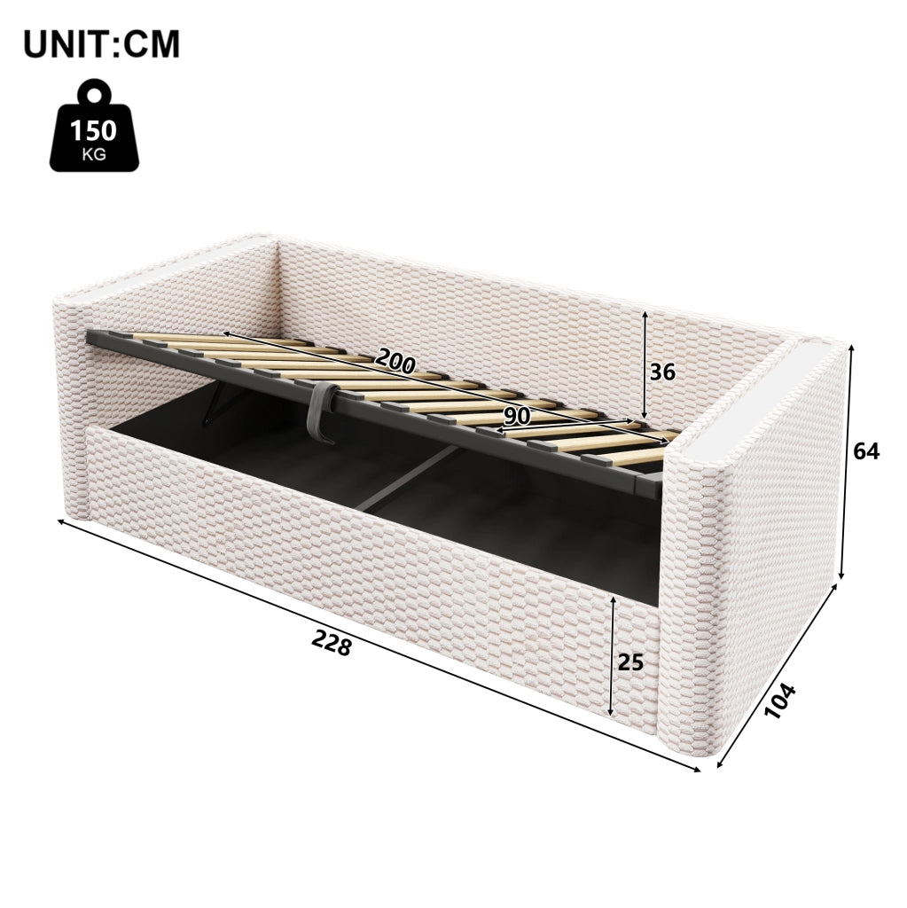 Divano letto 90x200 cm con contenitore idraulico e LED in velluto