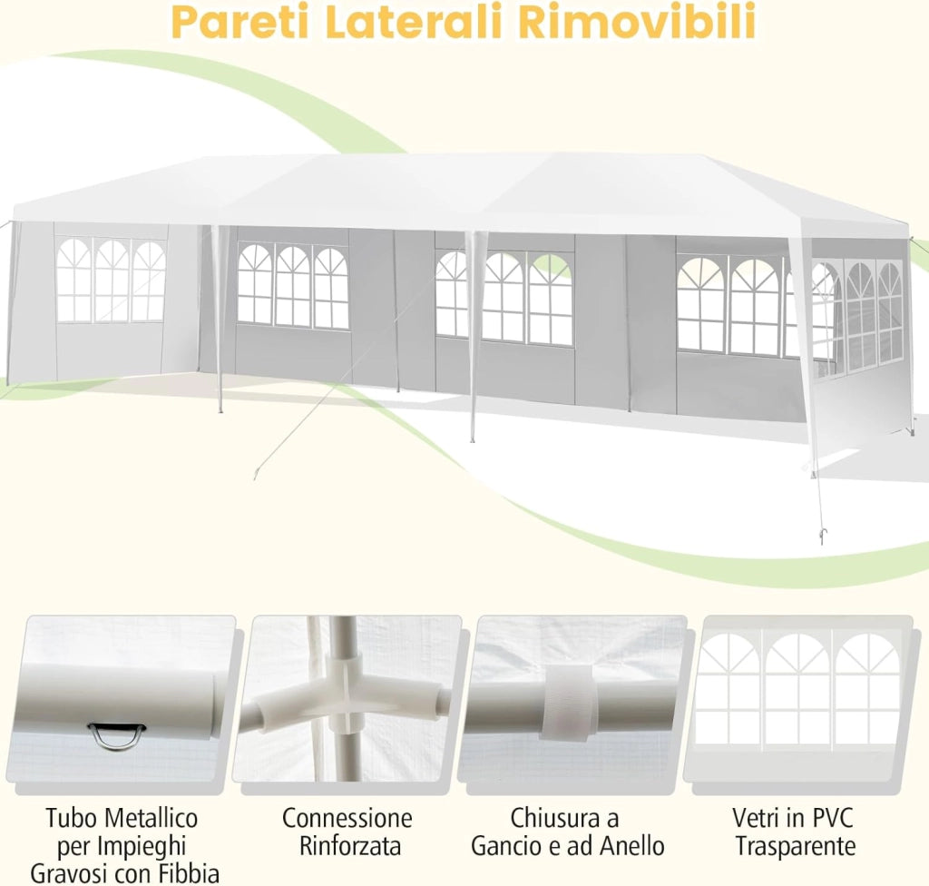 Gazebo da Giardino 3 x 9 m, Tendone per Feste con 5 Pannelli Laterali Rimovibili, Impermeabile Protezione UV, per Matrimonio Eventi e Barbecue