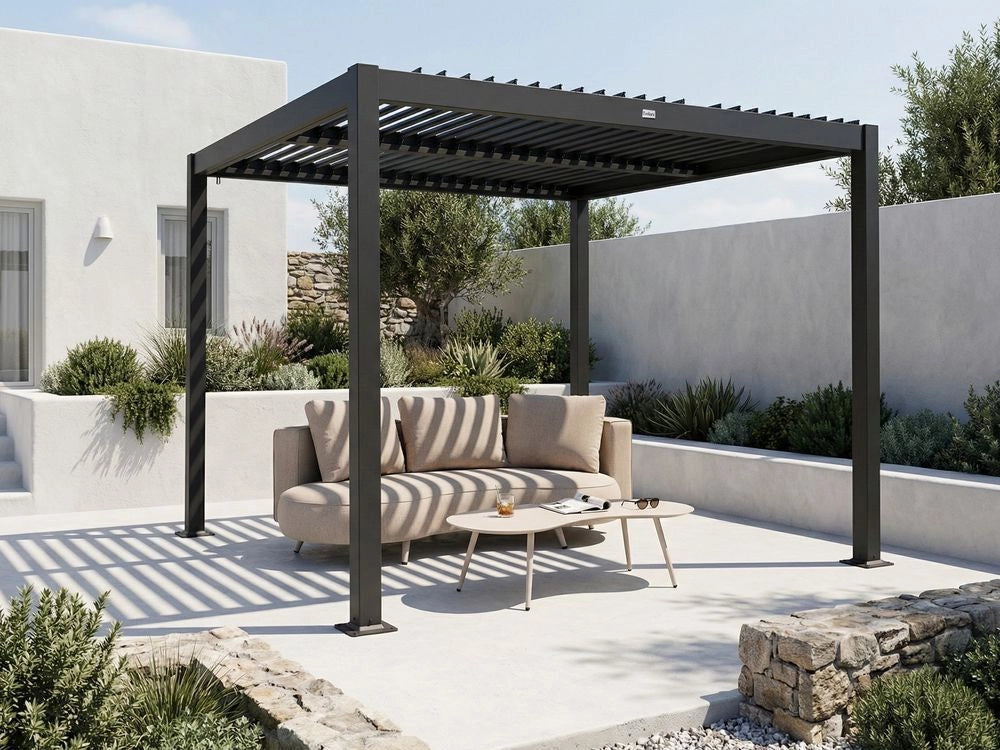 Pergola in metallo nero con struttura ombreggiante in alluminio 310 x 310 cm Padiglione da giardino moderno e industriale