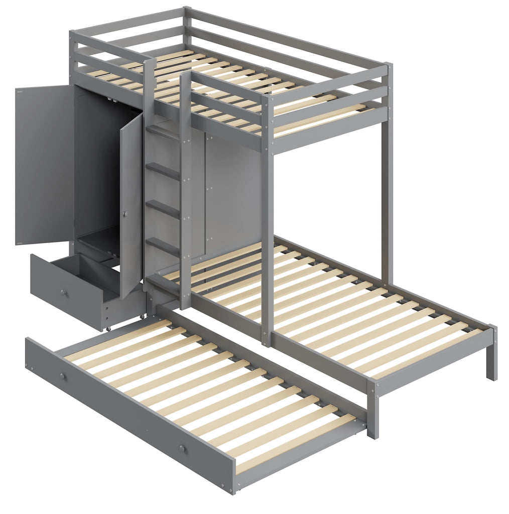Letto a castello 90x200 con letto estraibile, armadio e cassetti grigio