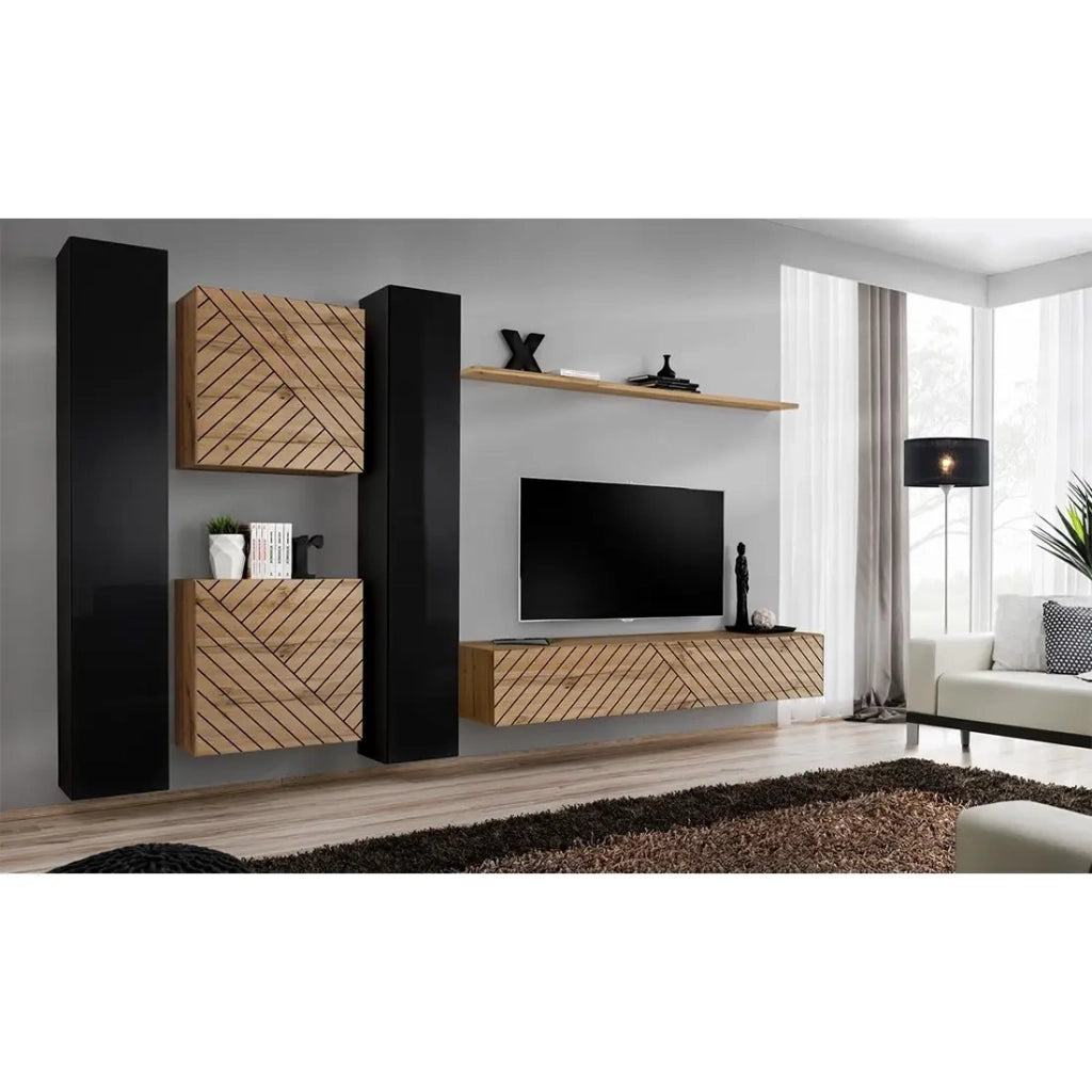 Set di mobili da salotto design SWITCH VI. Colori nero e quercia con finiture lucide nere e quercia effetto fresato.
