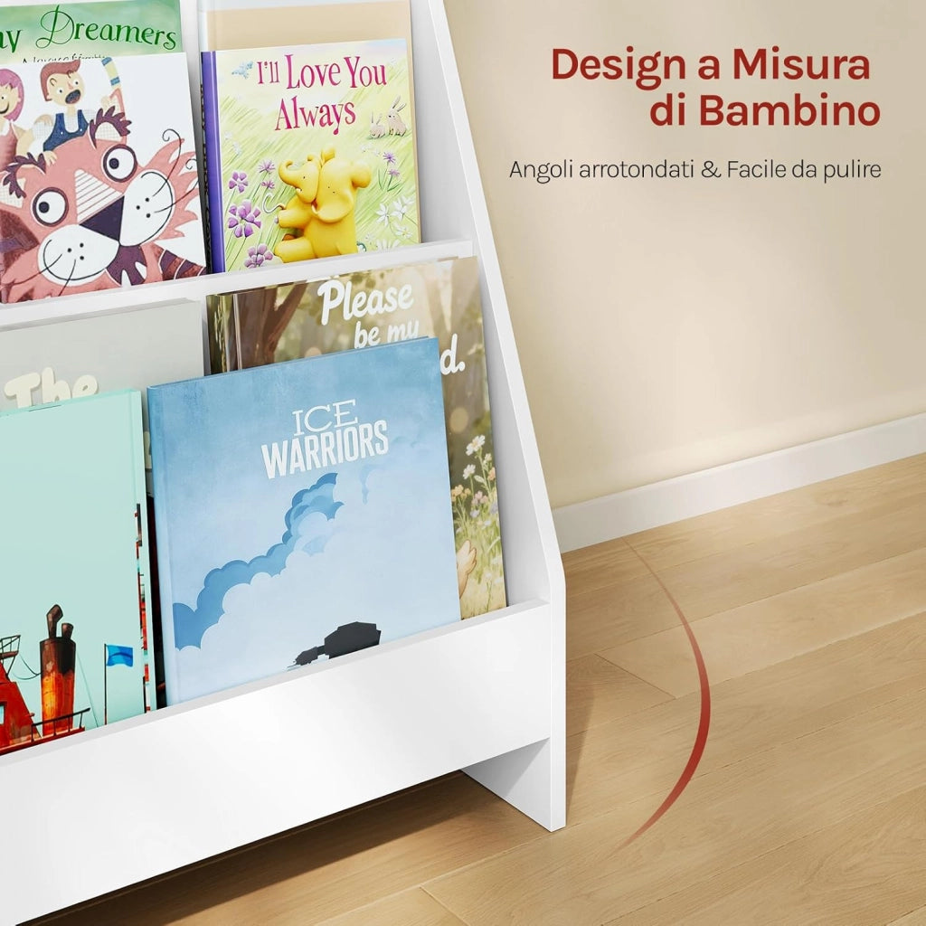 Scaffale Portagiochi Bambini con 4 Scomparti Aperti, Libreria Montessoriana in MDF con Antiribaltamento, 61 x 30 x 70 cm, Bianco