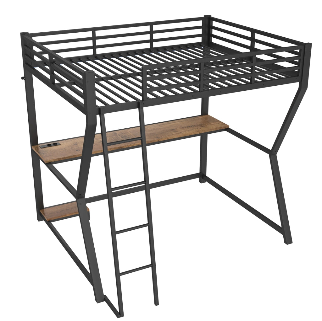 Letto a soppalco 140x200 cm con scrivania; LED e prese USB in metallo nero