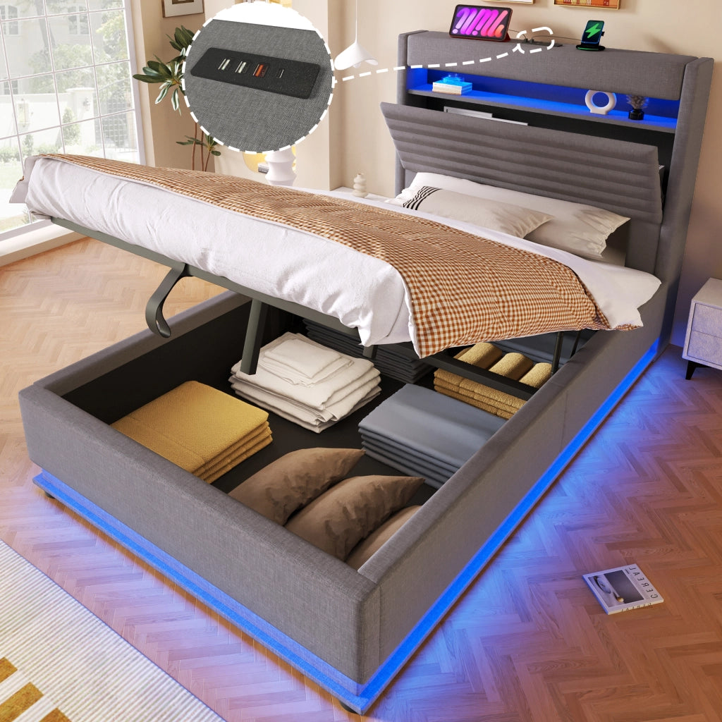 Letto imbottito 90x200 cm con contenitore idraulico, LED, porta USB e USB-C, tessuto lino, grigio, senza materasso