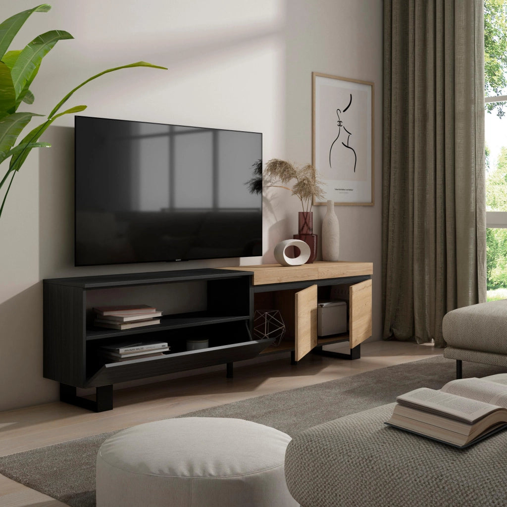 Mobile TV, 200x35x57cm, soggiorno, Per TV fino a 80", Design industriale, colore Rovere e nero RF2251