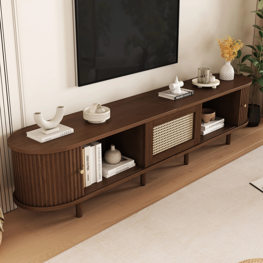 Mobile TV con 1 cassetto; 2 ante scorrevoli e 1 vano aperto; piedi regolabili per soggiorno; in MDF; noce scuro; 180 × 40 × 40 cm