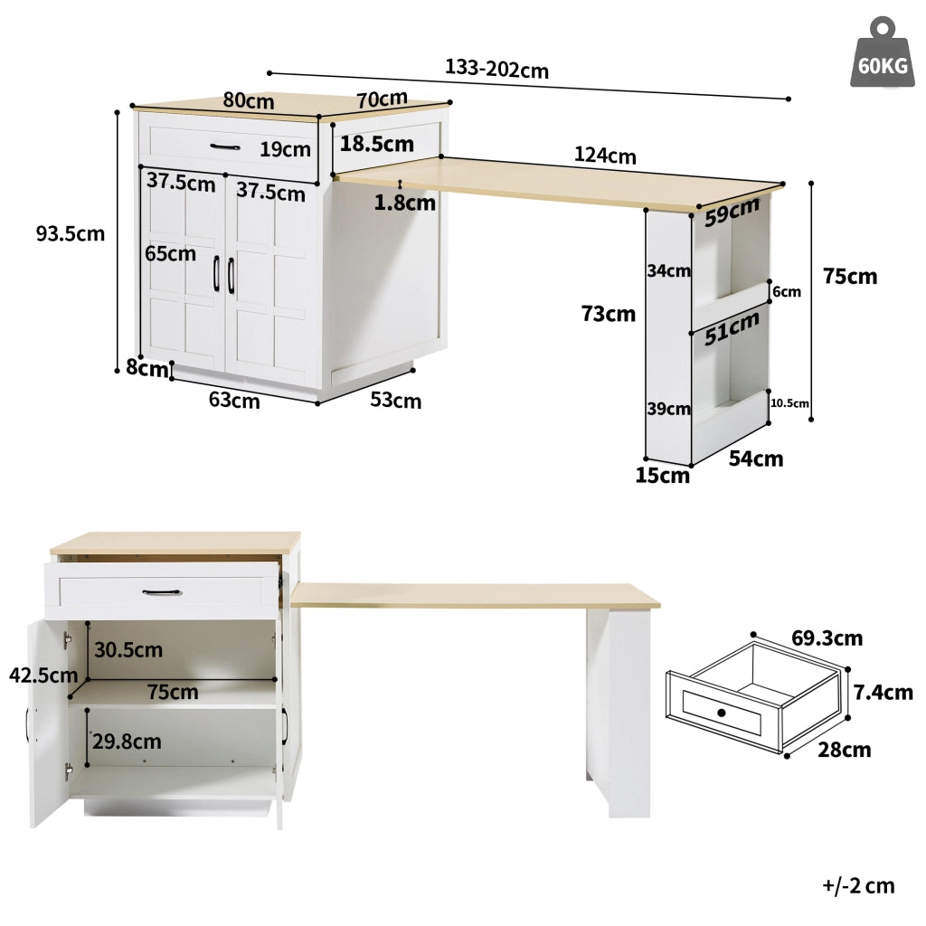 Tavolo da pranzo estensibile con 1 cassetto e vani aperti; per cucina e soggiorno; bianco; 133 × 70 × 93;5 cm