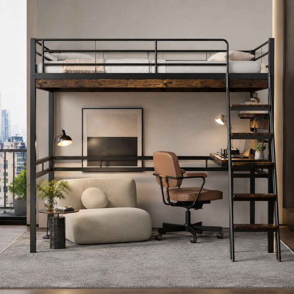 Letto a soppalco 90x200 cm con scrivania e ripiani, nero