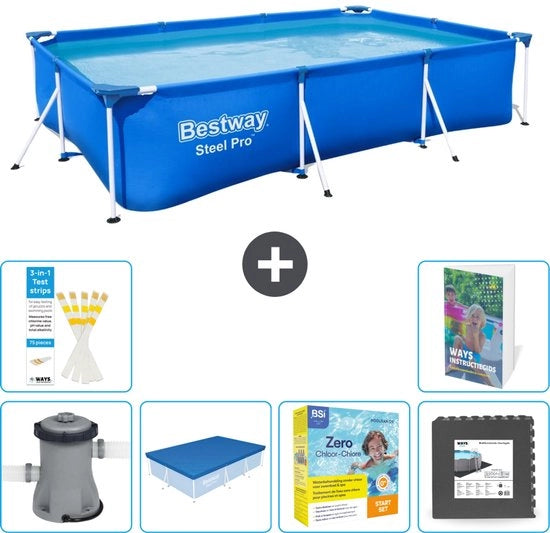 Piscina in Acciaio Rettangolare Pro - 300 x 201 x 66 cm - Blu - Inclusa Pompella Copertura - Kit Manutenzione - Gomme Piscina - 7 pezzi