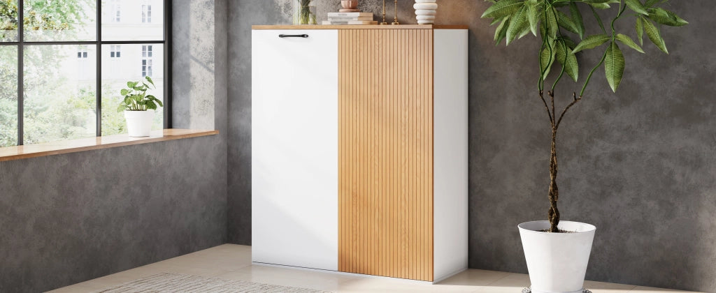 Highboard 80x40x110 cm in MDF bianco e rovere, mobile contenitore moderno per ufficio