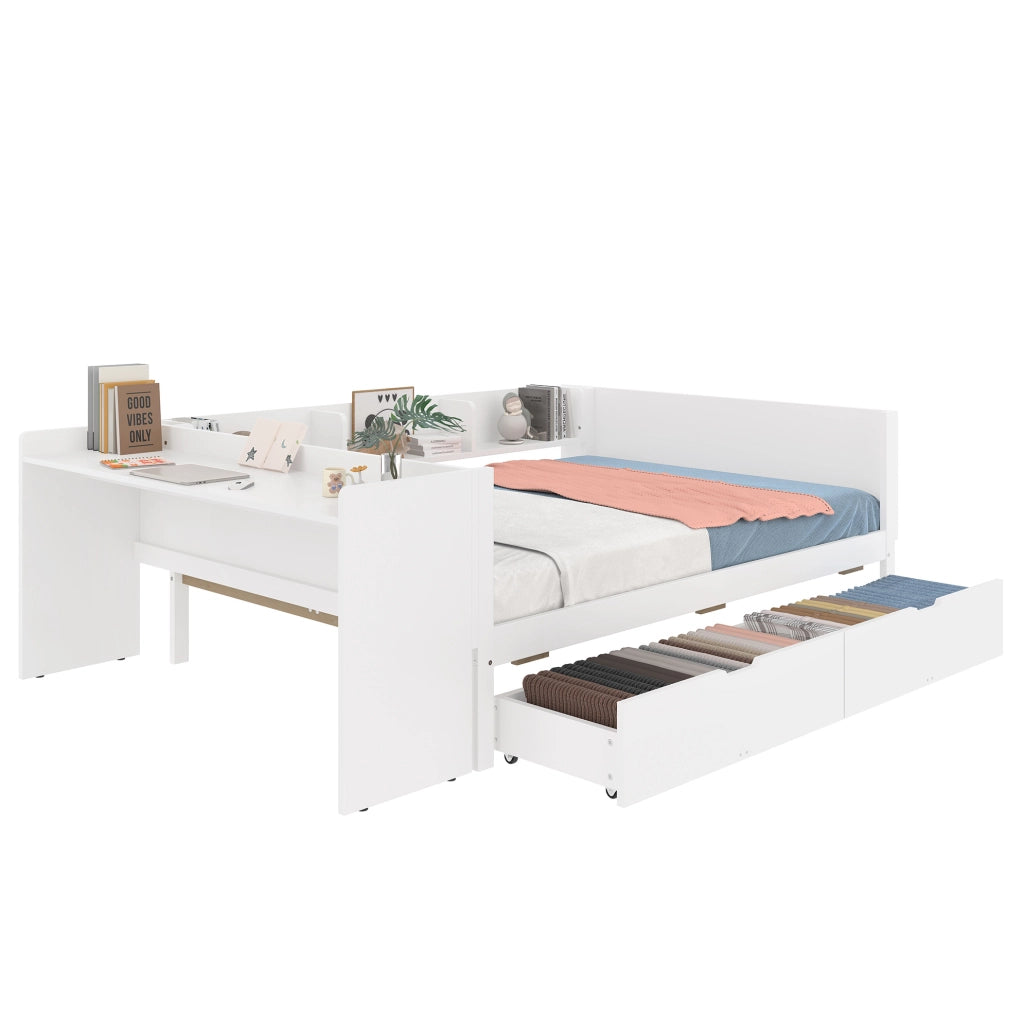 Letto 140x200 cm con scrivania; cassetti e ripiani in legno bianco