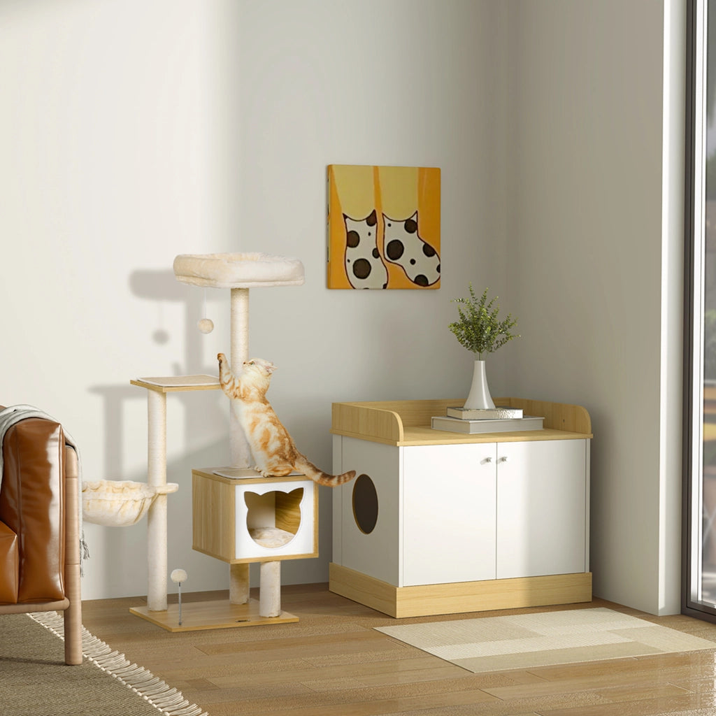 Tiragraffi per Gatti con 2 Pali Casetta e Lettini 48x40x126 cm in Legno Peluche e Sisal Beige