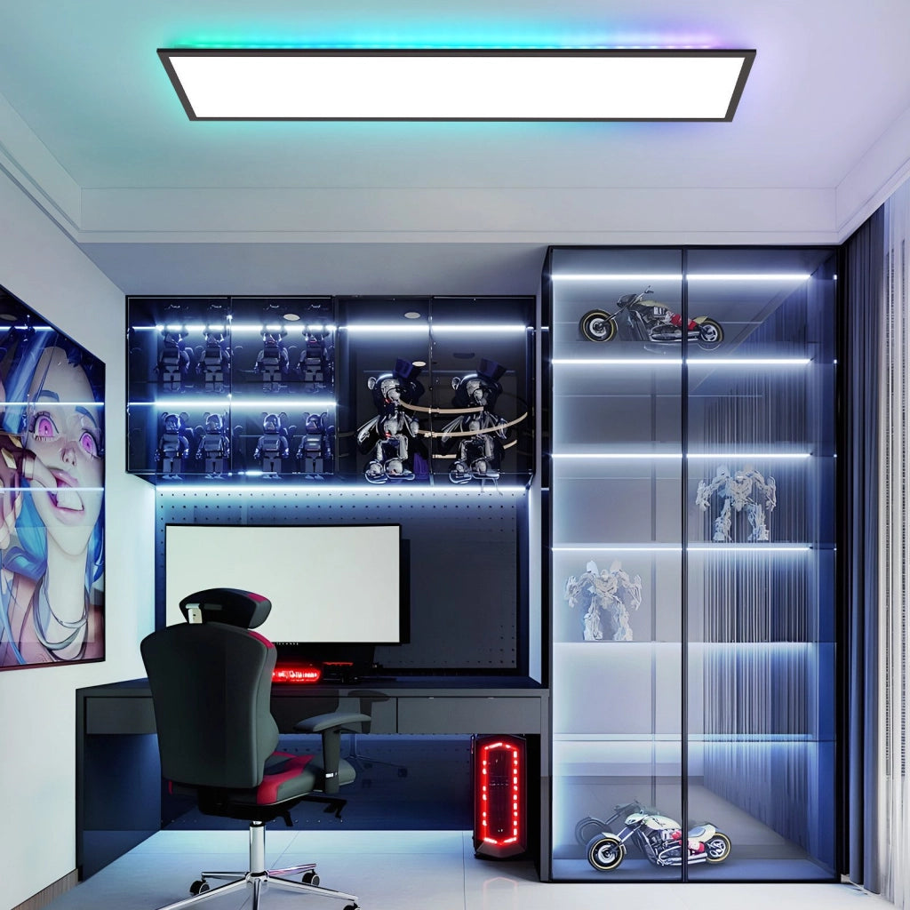 ZMH Plafoniera LED 100x25 cm Dimmabile RGB a Soffitto Piatto con Telecomando 24W Nero Rettangolare per Ufficio