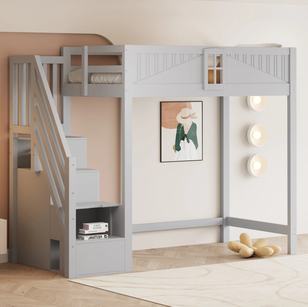 Letto a soppalco 90x200 cm in legno massello con scala reversibile e vano contenitore; grigio