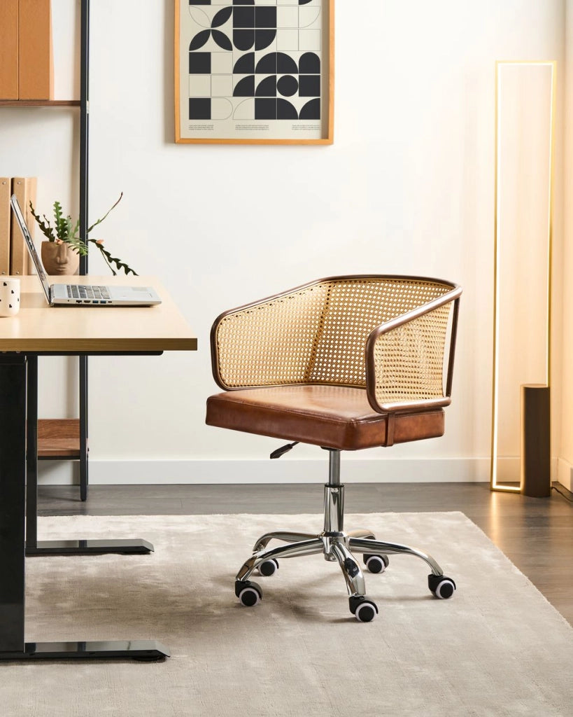 Sedia da ufficio Marrone Ecopelle PE Rattan Schienale Girevole Altezza Regolabile con Braccioli Casa Ufficio Studio Tradizionale