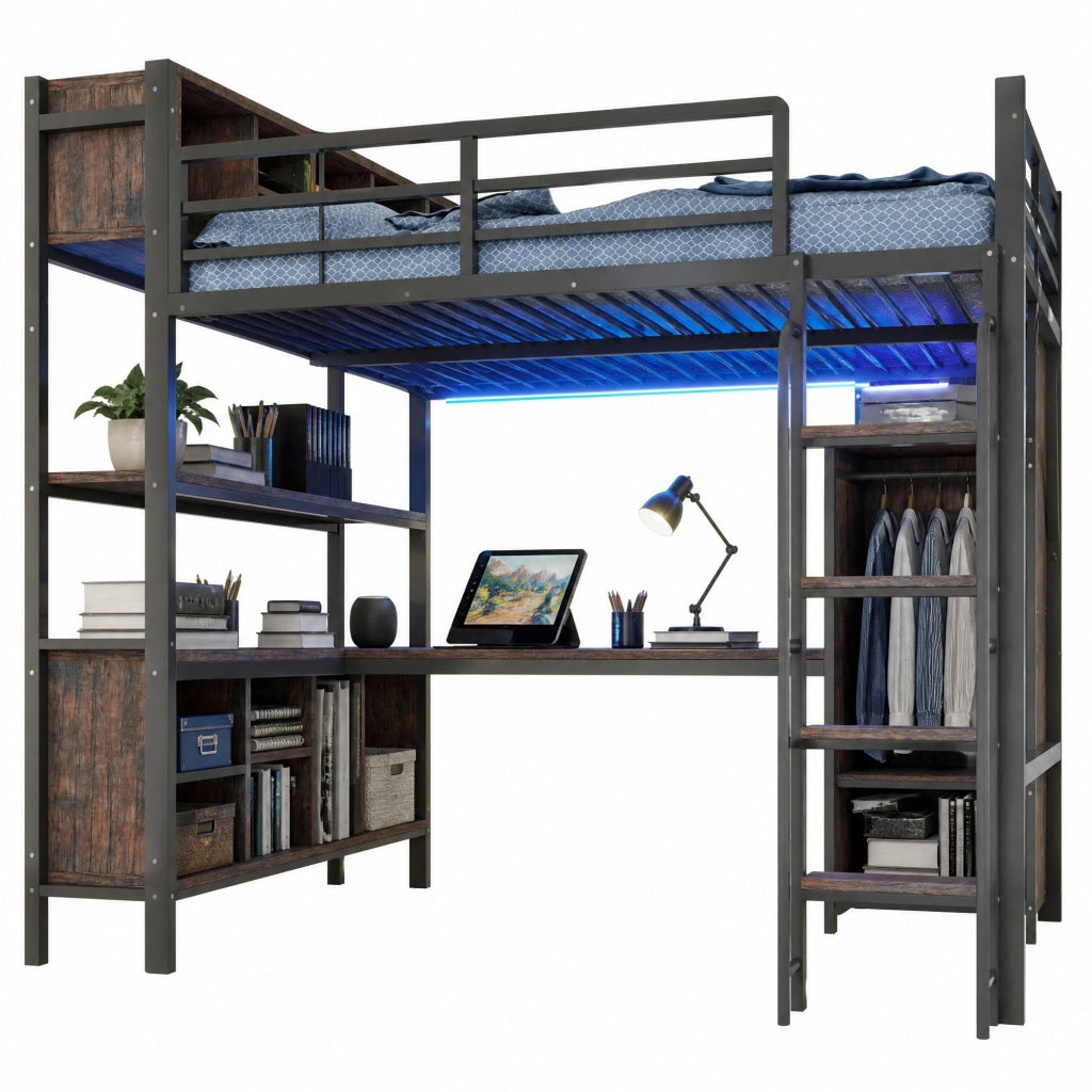 Letto a soppalco multifunzionale 140 x 200 cm con scrivania, armadietto, ripiani, LED e prese UE, nero