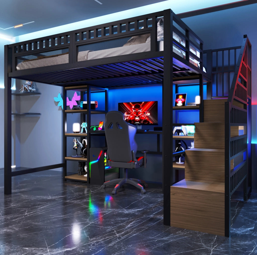 Letto a soppalco 140x200 cm nero con scrivania, LED e USB