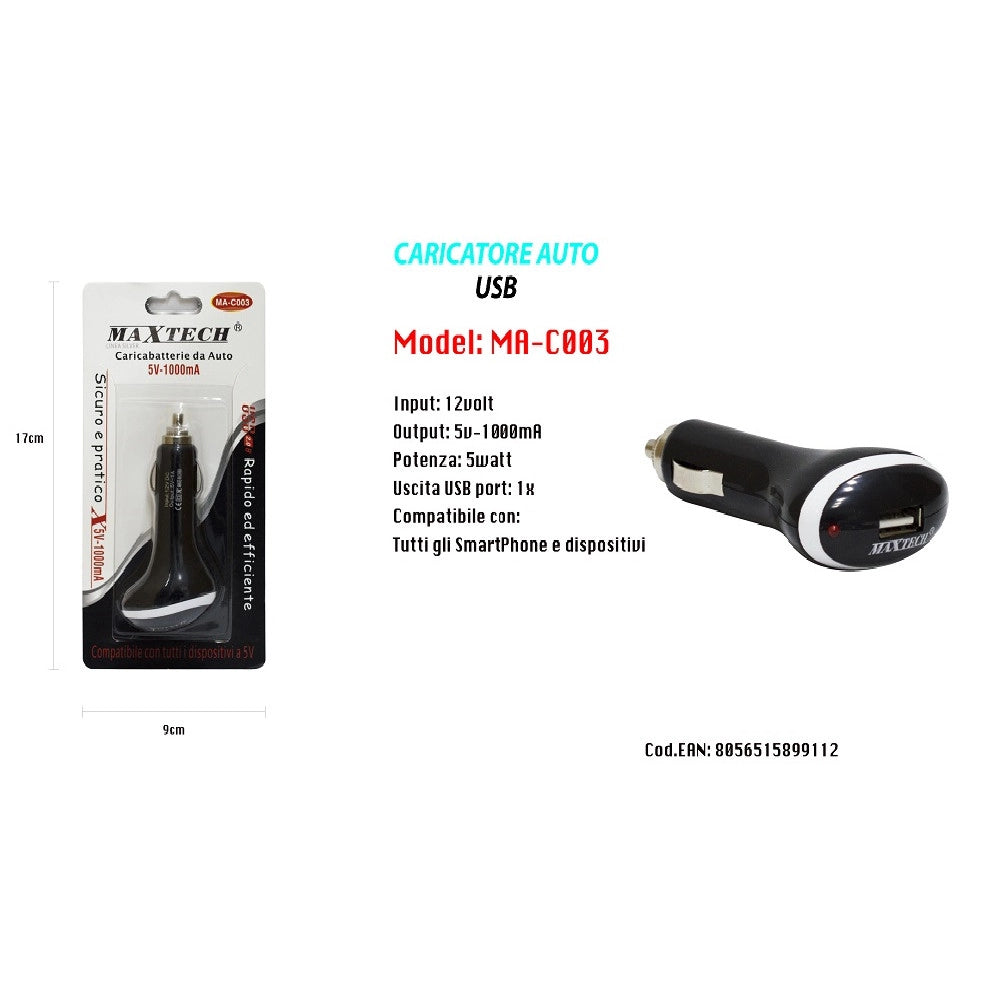 Trade Shop - Caricatore Universale Da Auto Cavo Presa Accendisigari 5v-1000ma Usb 2.0 Maxtech Ma-c003 -