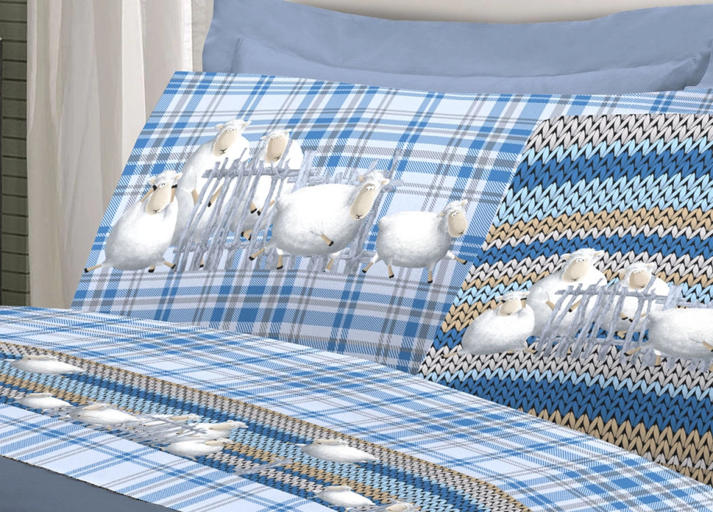 Completo Lenzuola Linea Pensieri Delicati 100% Cotone Disegno Pecorelle - Singolo - Blu