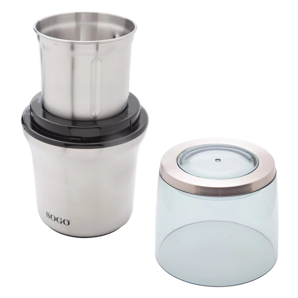 SOGO Macinacaffà¨ e Tritatutto 300W Acciaio Inox, 2 Tazze Rimovibili, Macinazione a Secco e Umido, Sicurezza Integrata, Facile da Usare e Pulire