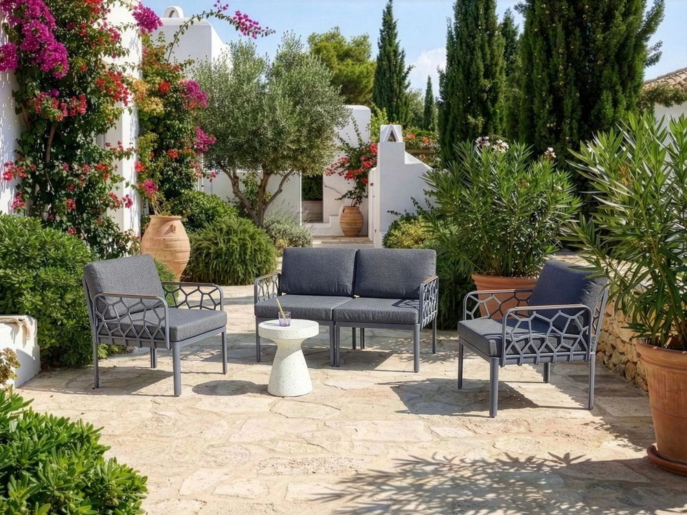Set di divani da giardino 4 posti con struttura sintetica con cuscini beige scuro design modero