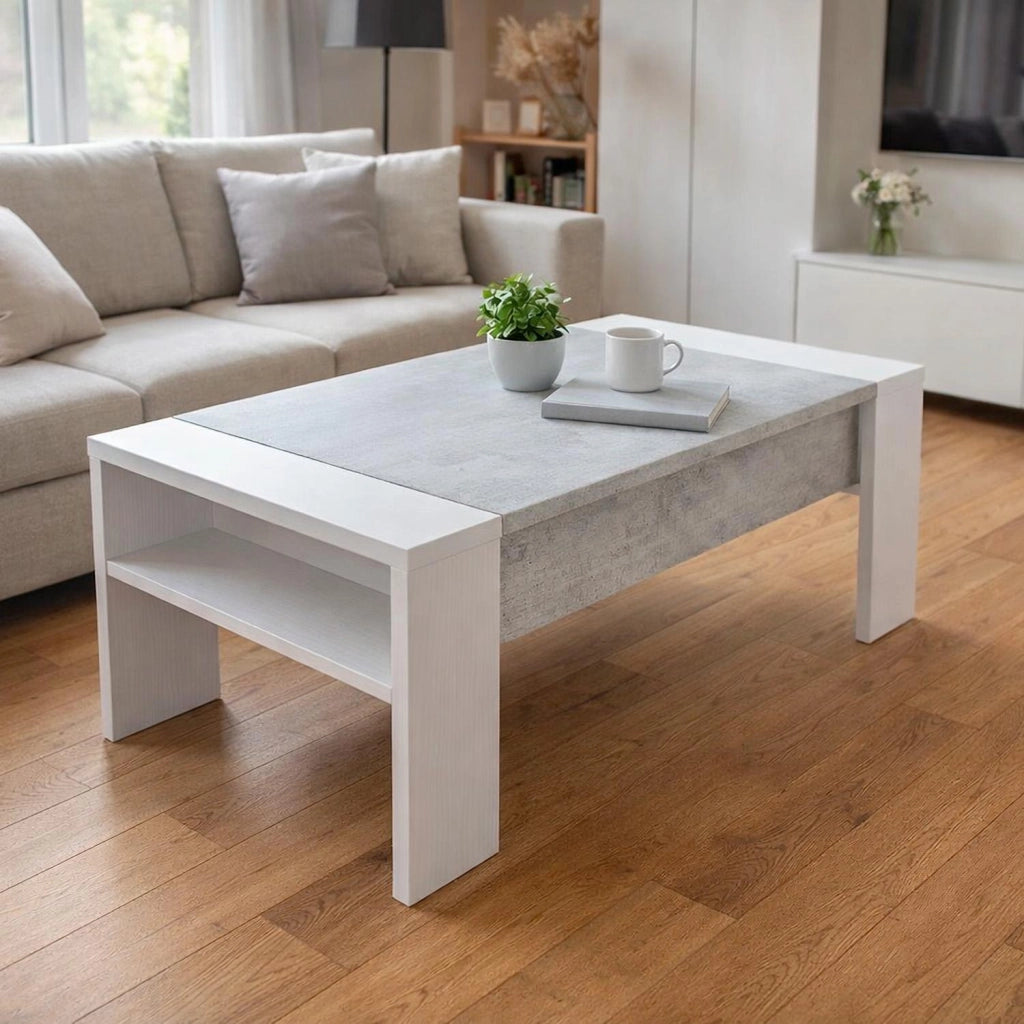 Tavolino Da Living Trasformabile Con Piano Sollevabile E Vano Contenitore Tavolo Moderno Per Salotto Soggiorno Smart Working 98 X 50 X 43 Cm Bianco E Grigio Cemento
