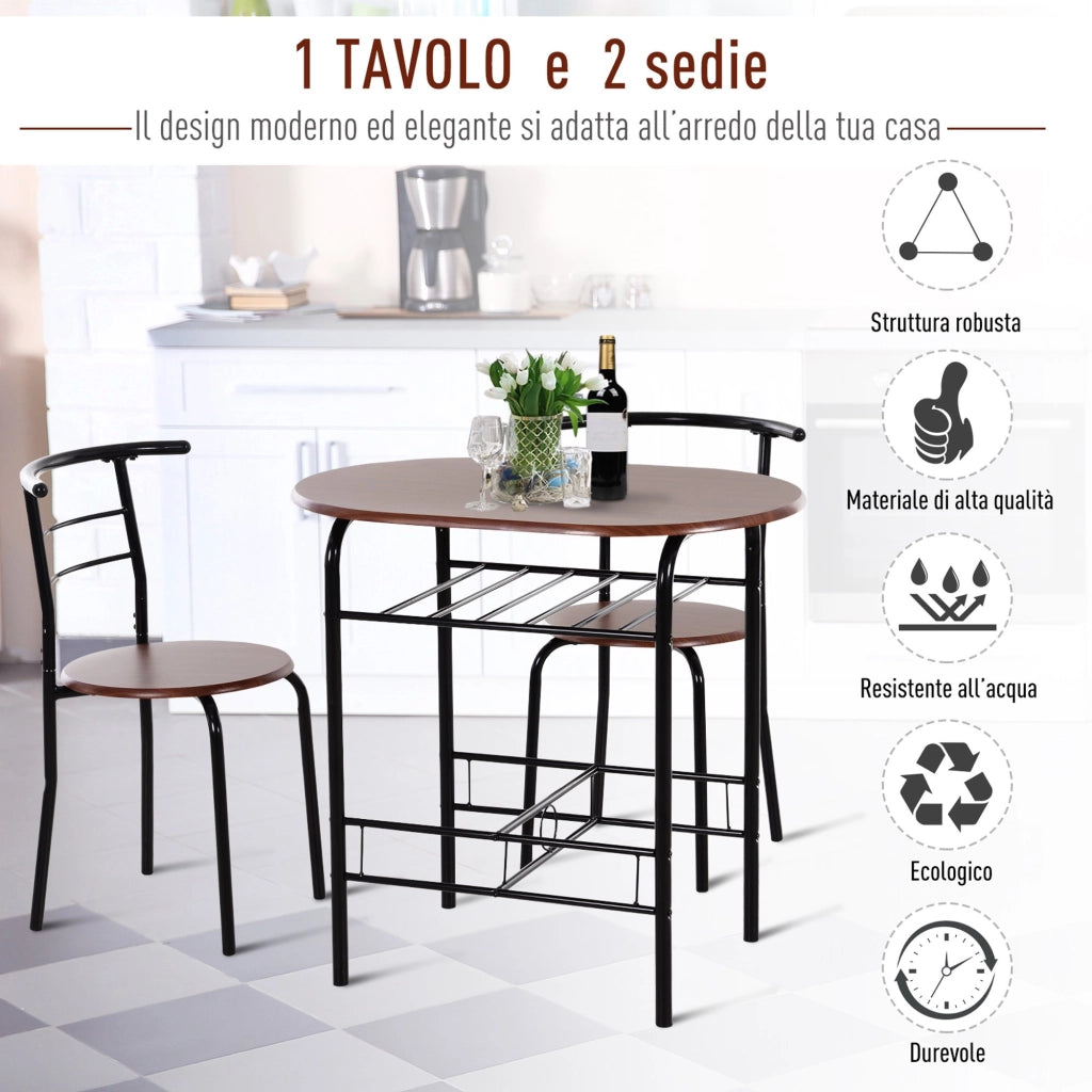 EasyComfort Set Tavolo Moderno con 2 Sedie per Sala da Pranzo, Set 3 Pezzi Mobili Salvaspazio da Cucina, Balcone, Ristorante o Bar, Marrone e Nero